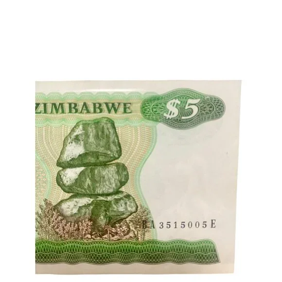 1983 Zimbabwe $5 Reserve Bank Note With Zebra & Stacked Rocks Design - Picture 3 of 6